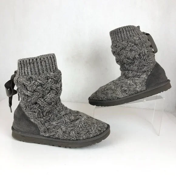 UGG Women's Size 9 Isla Grey Cable Knit Sweater Lace-Up Ankle Booties Boots - Picture 2 of 12